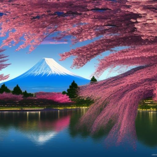 Cherry Blossoms at Chureito Pagoda with Mount Fuji