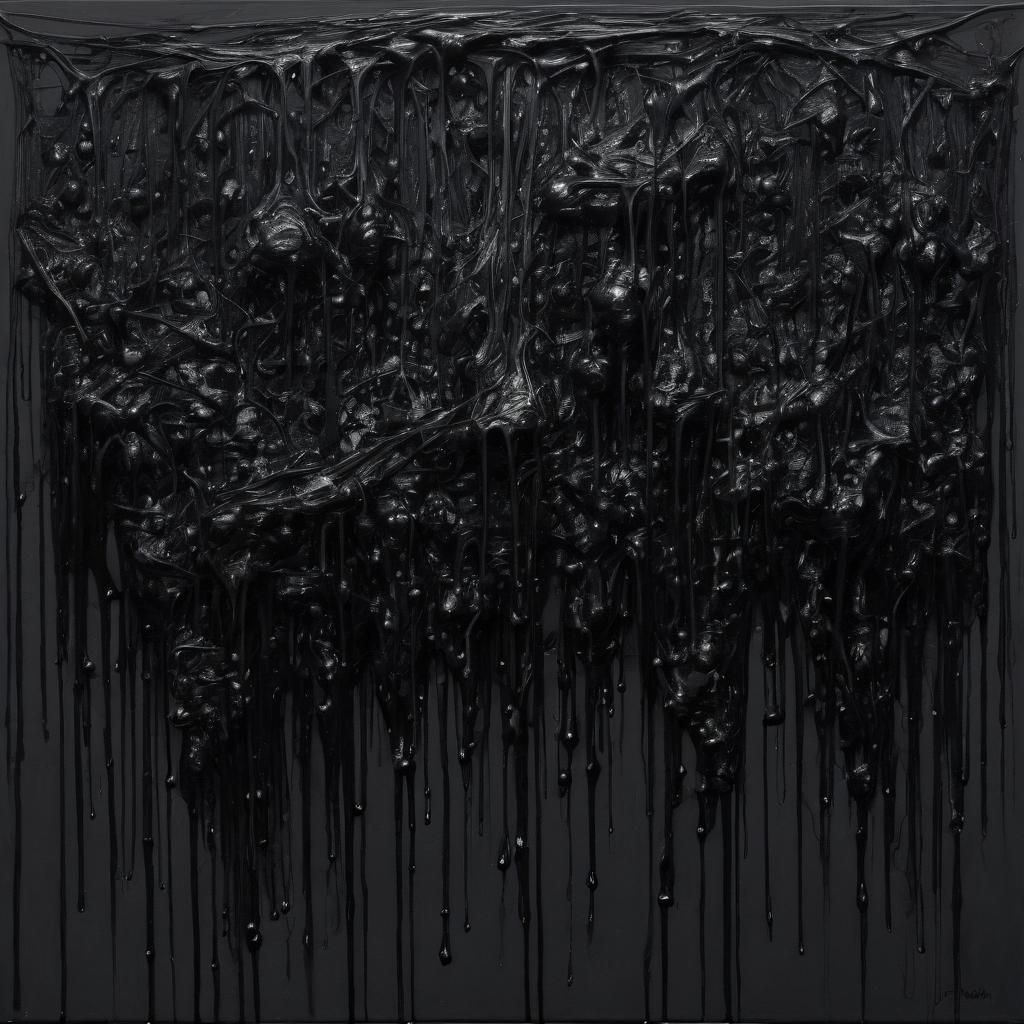 Abstract Black Drips and Fibers Oil Painting