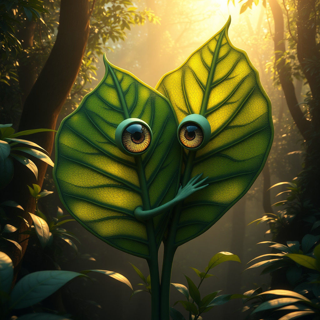 Lush Leaves Embrace in Sun-Dappled Forest