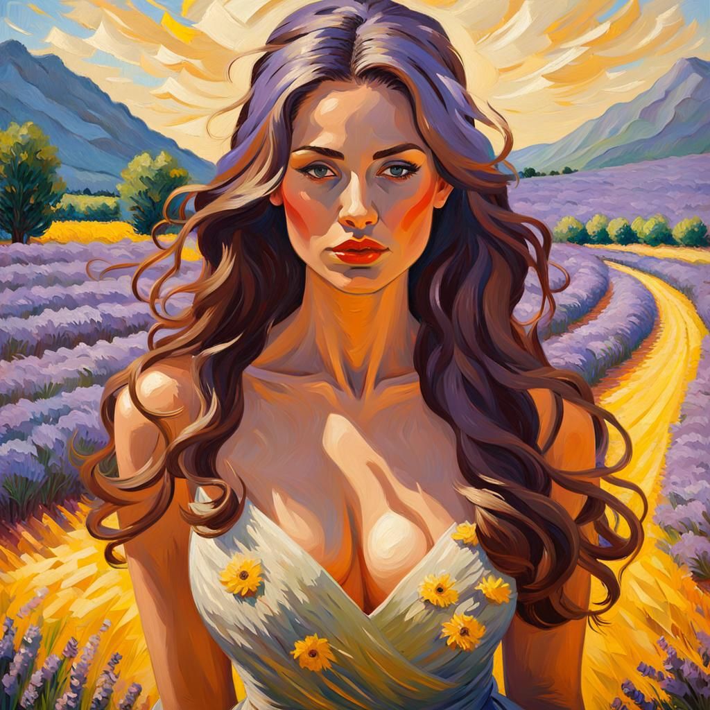 Woman in Lavender Field: Impasto Oil Painting