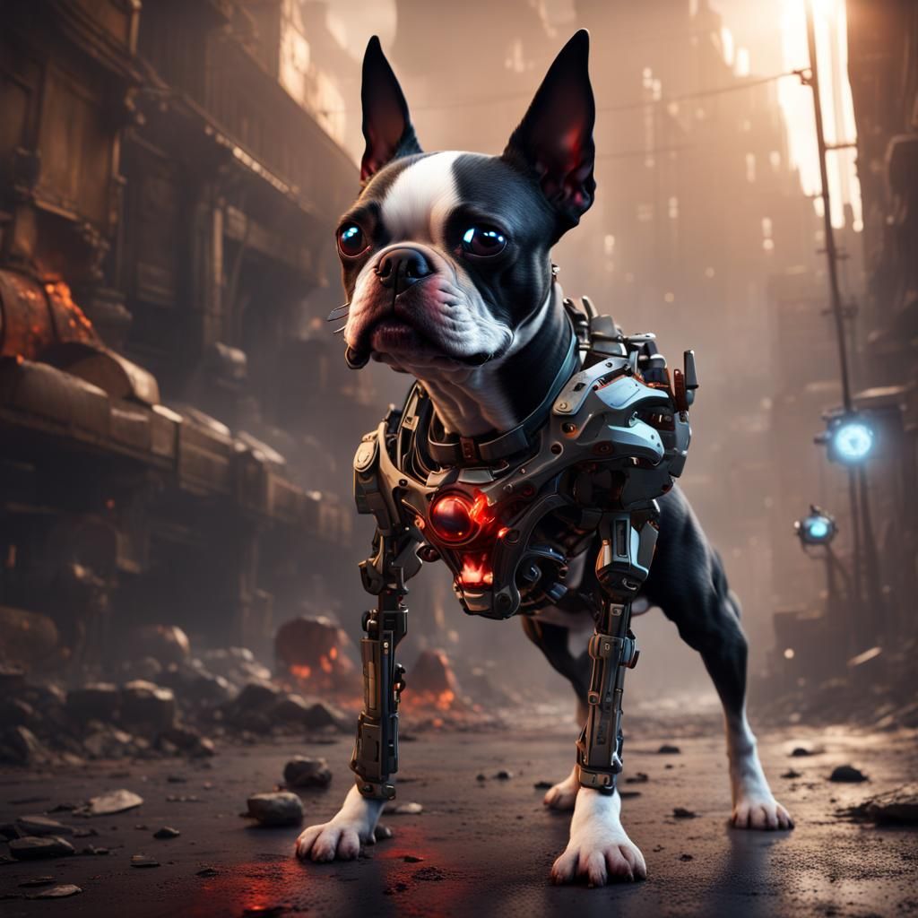 Evil Terminator Boston Terrier: Detailed Digital Painting