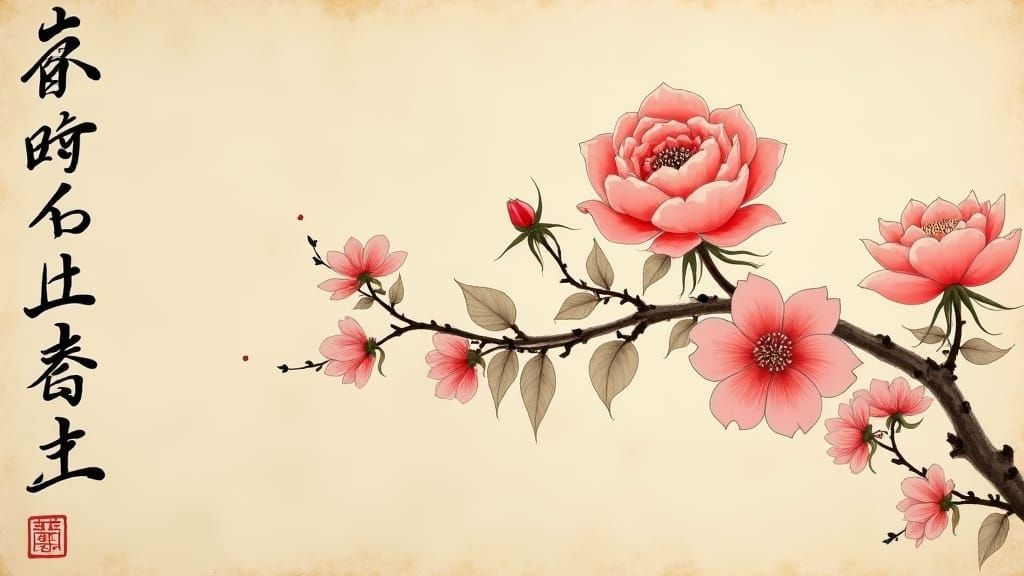 Rose and Cherry Blossoms in Sumi-e Ink