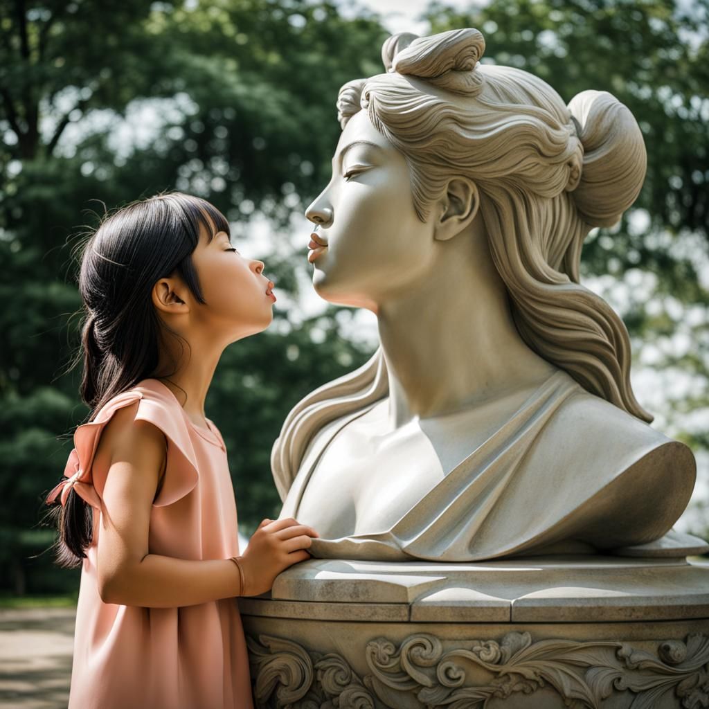 Asian Girl Kisses Antique Marble Statue in Park