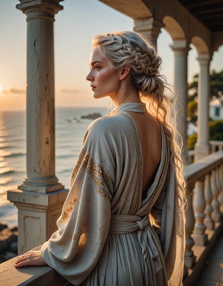 Ethereal Portrait of a Young Woman in a Sheer Robe, Gazing O...