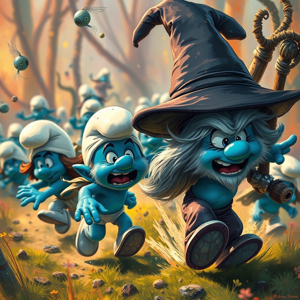 Smurfs Fleeing Jadugar in Hyperrealistic Style