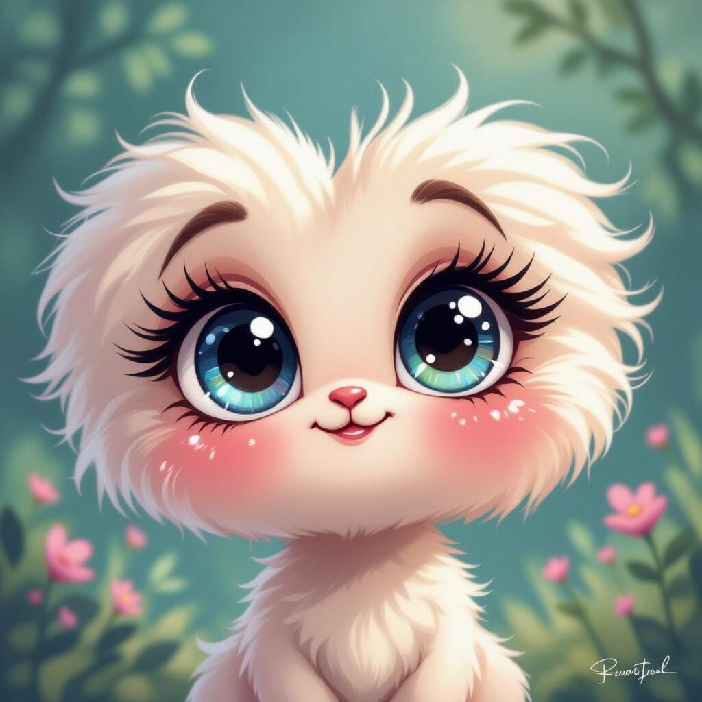 Adorable Heart with Doe Eyes, Cartoon Style