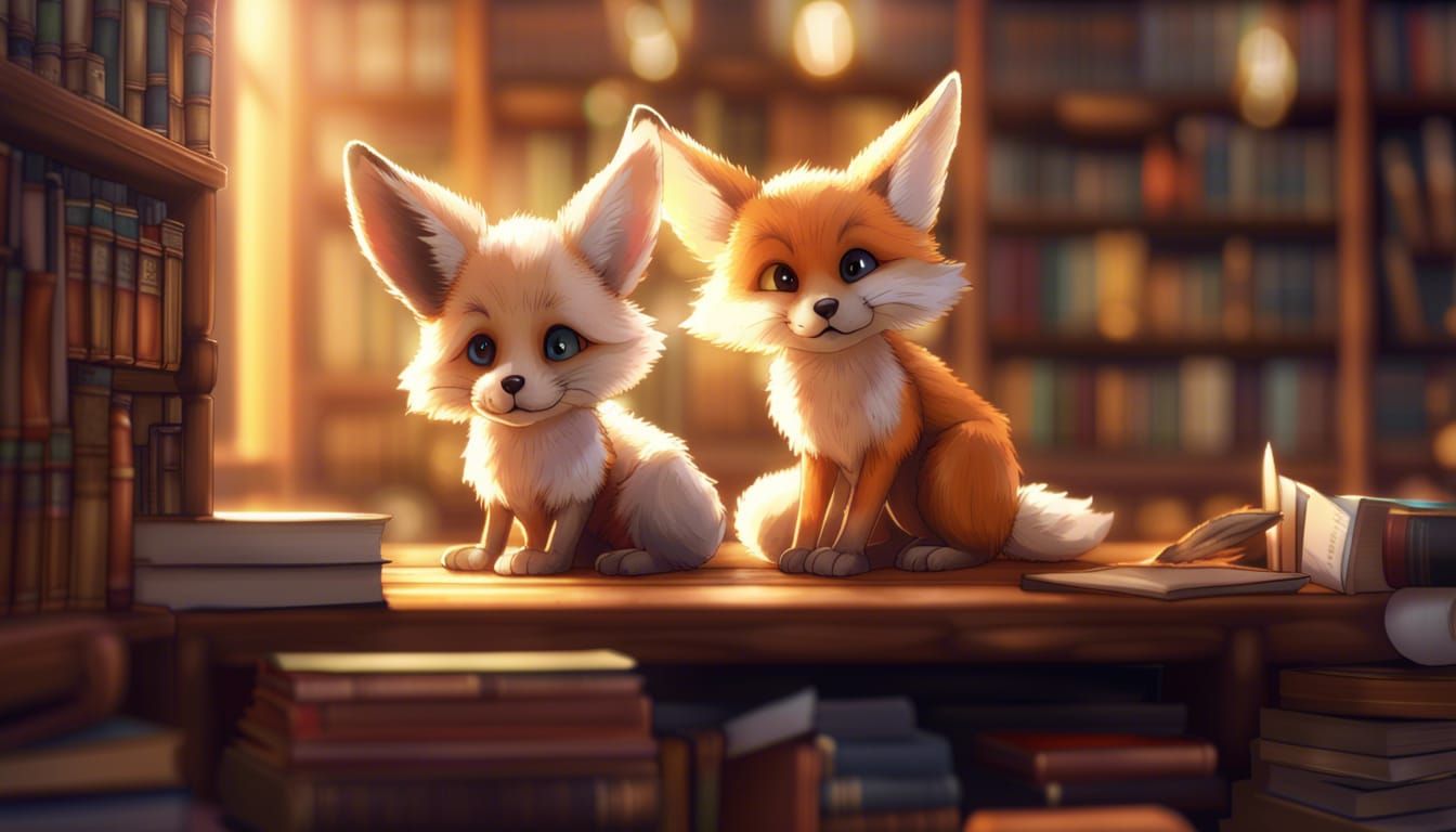 Playful Foxes in Library: Fantasy Comic Art