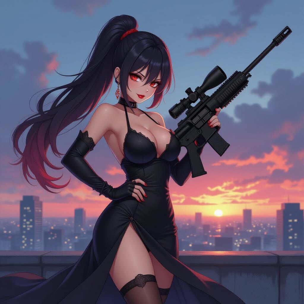 Anime Femme Fatale with Sniper Rifle on Rooftop