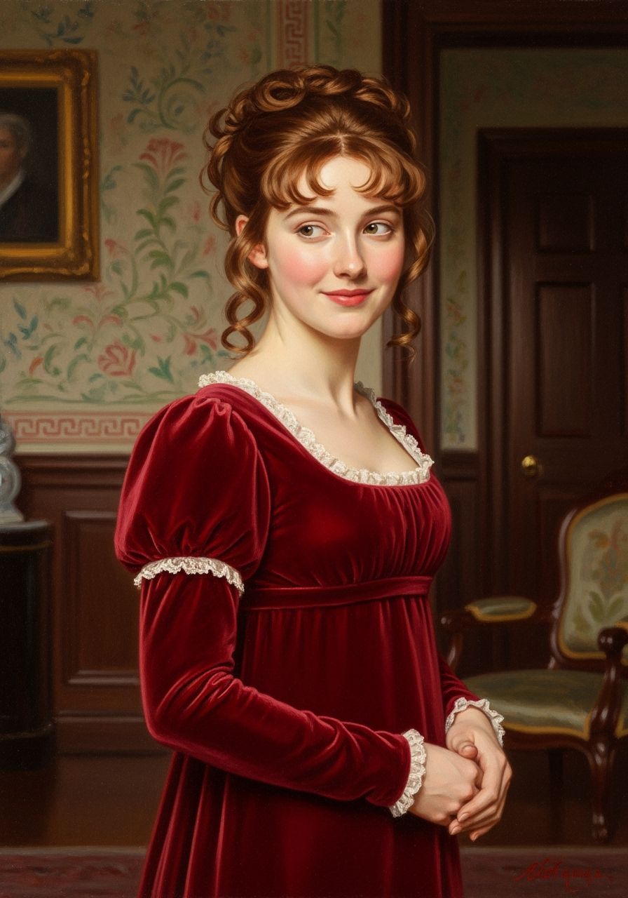Regency Woman in Red Velvet Dress, Oil Painting