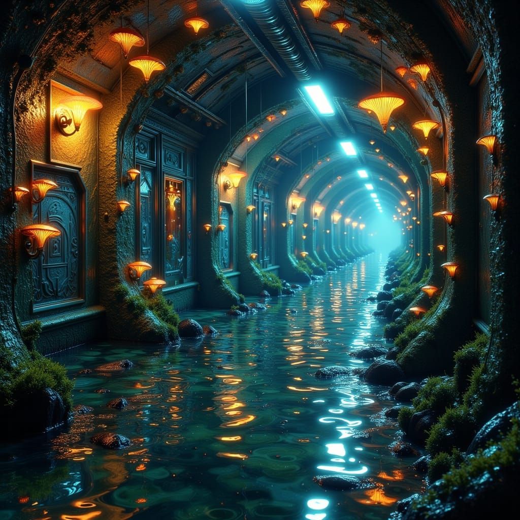 Flooded Corridors With Ethereal Bioluminescent Fungi