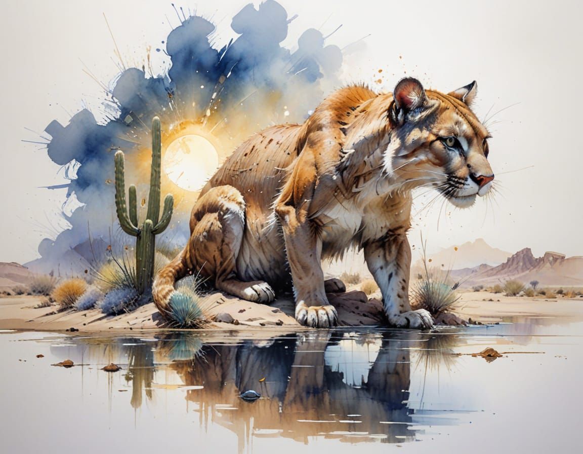 Cougar at Desert Oasis Under Full Moon, Hyperrealistic Digit...