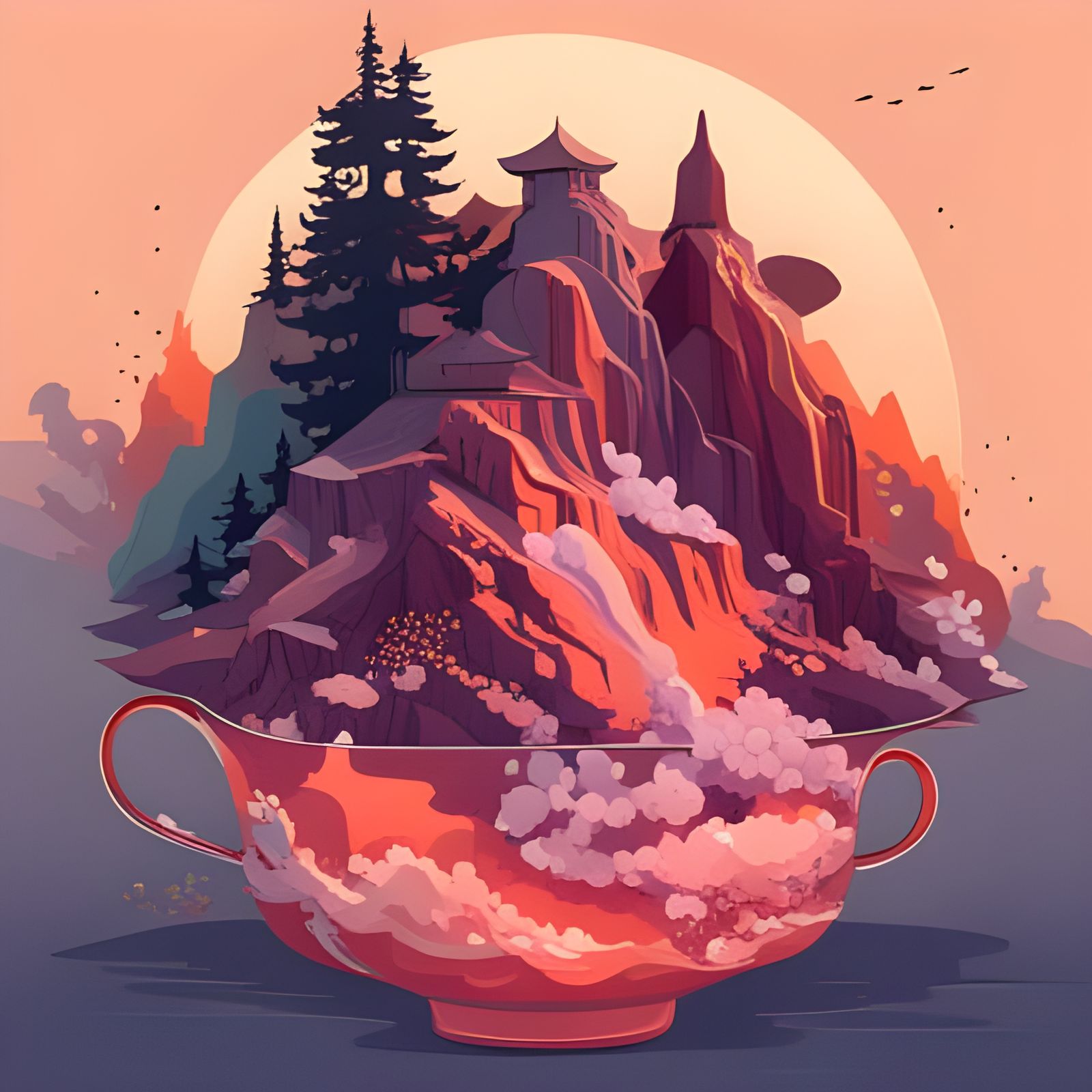 Fantasy Landscape Growing From Teacup: Vector Art