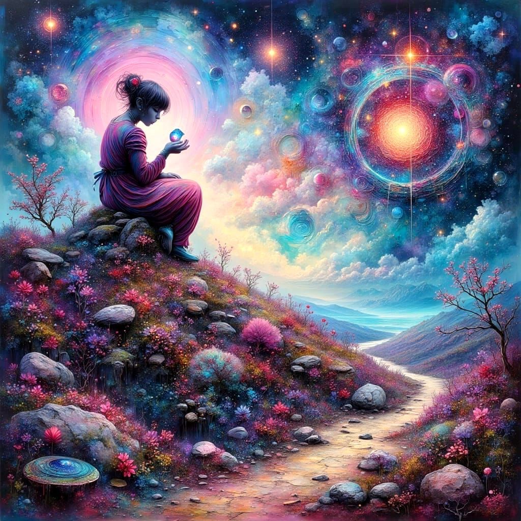 Anime Character Gazing at Cosmic Sky in Impasto Style