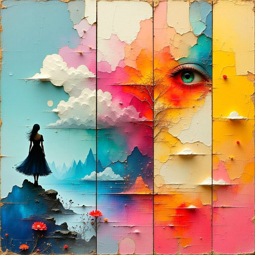 Surreal Triptych of Dreamlike Worlds in Pastel Shades