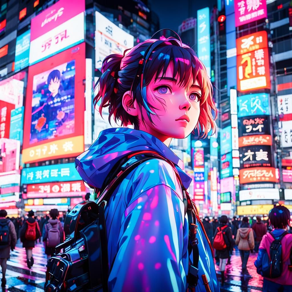 Shibuya Crossing: Neon Reflections in Anime Style