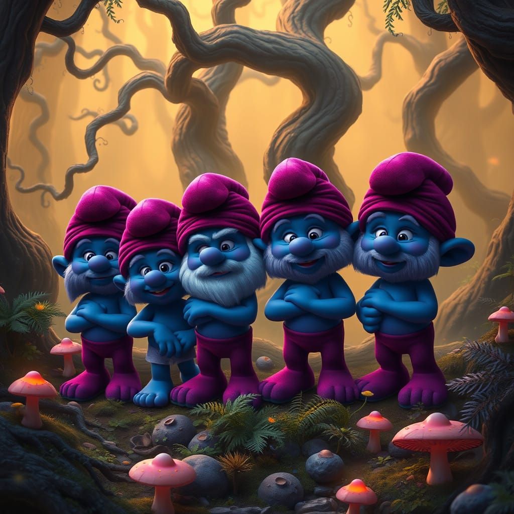 Purple Hatted Smurfs in Enchanted Forest Landscape