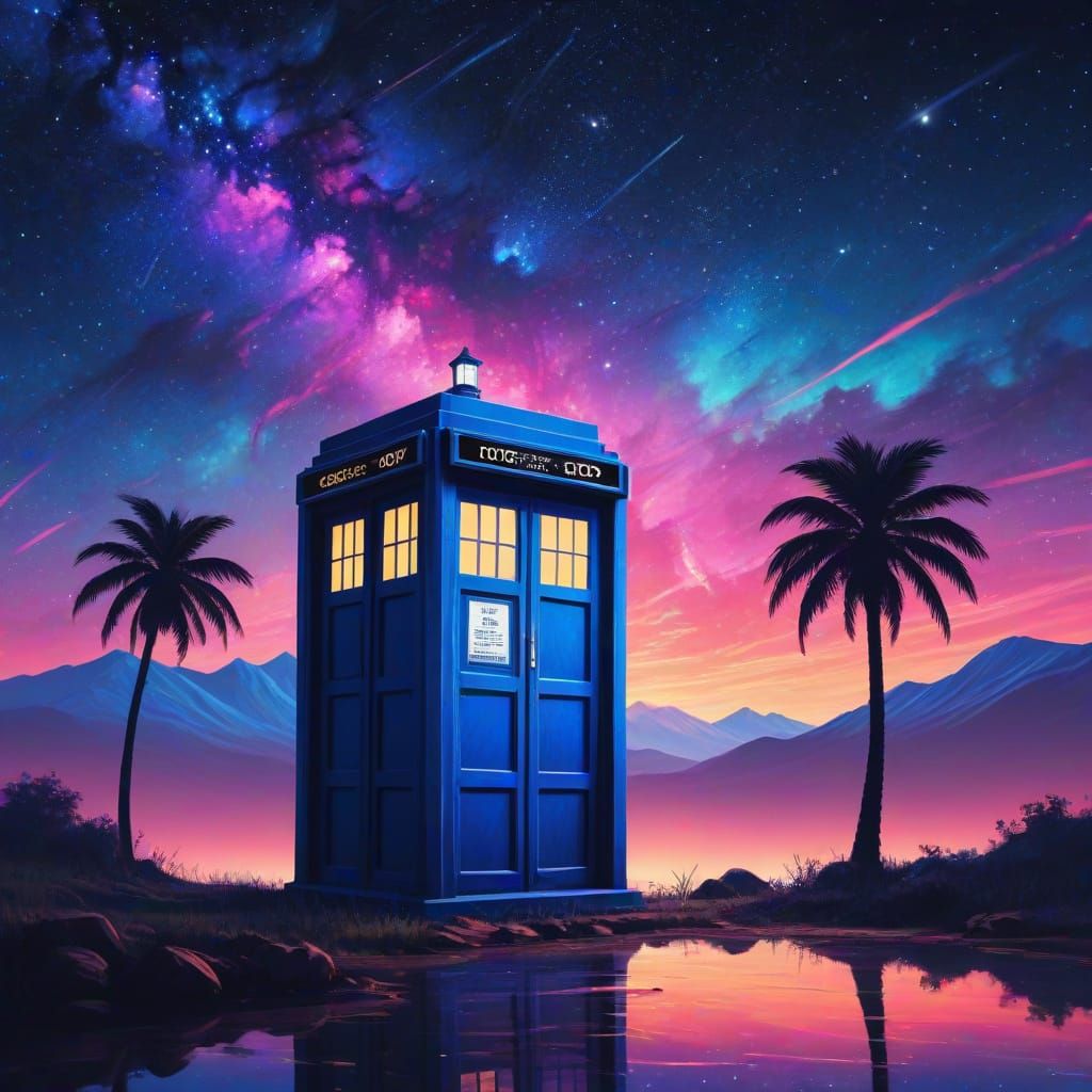 Synthwave Tardis Under Starry Skies