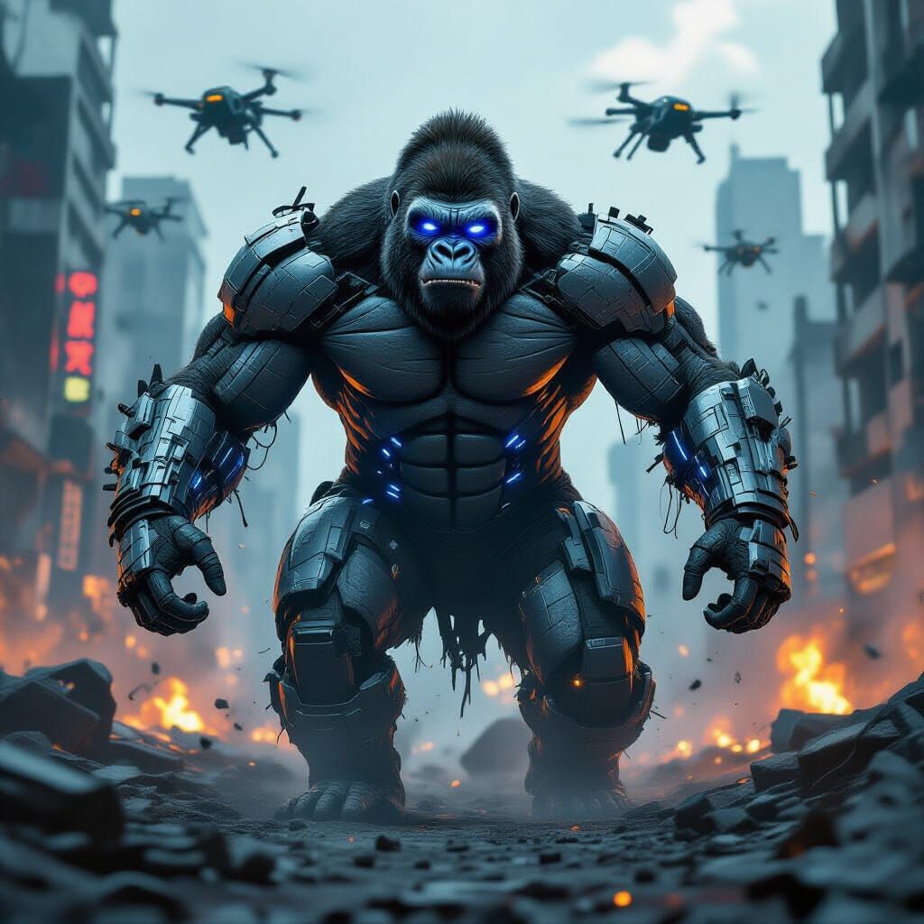 Cybernetic Gorilla Smashes Dystopian City