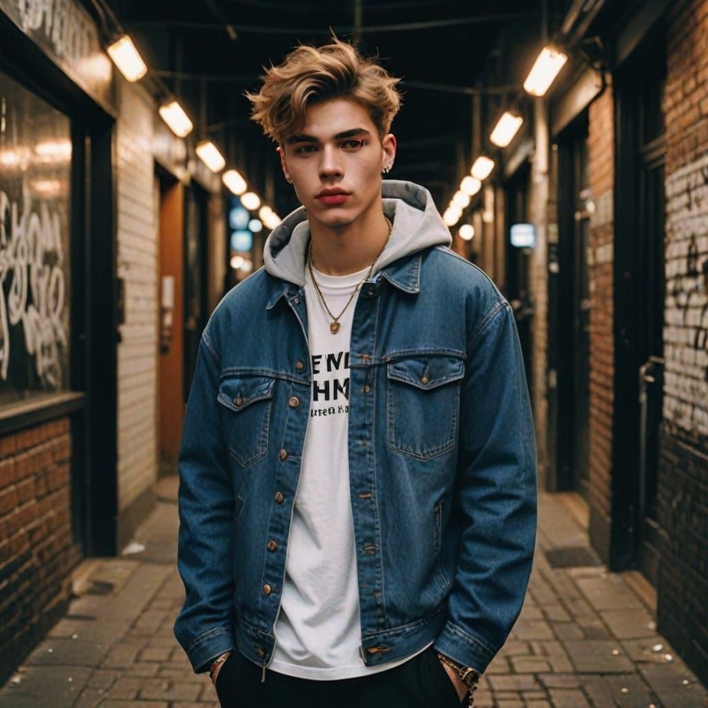 Grunge Aesthetic Young Man with Plump Lips and Trendy Outfit