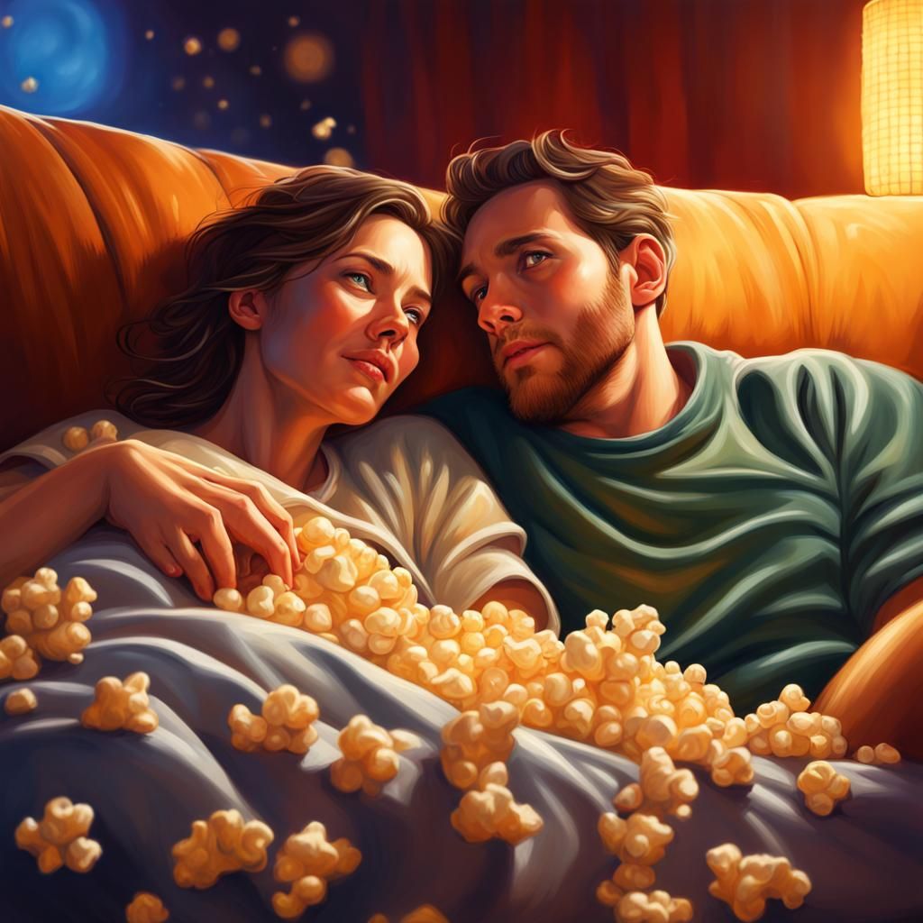 Cozy Couple Movie Night: Hyperrealistic Splash Art