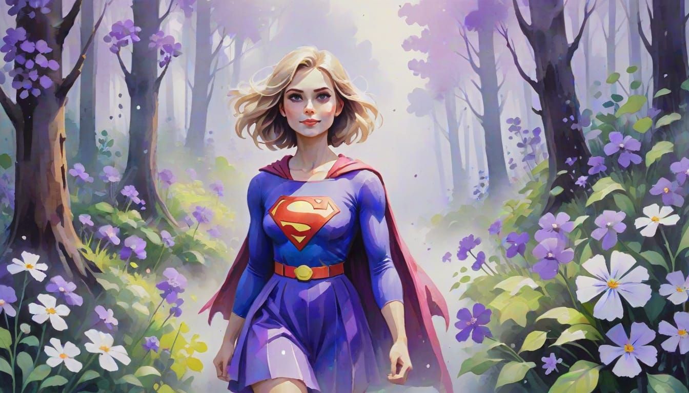 Girl Among Violet Flowers in Cozy Foggy Forest, Gouache Styl...