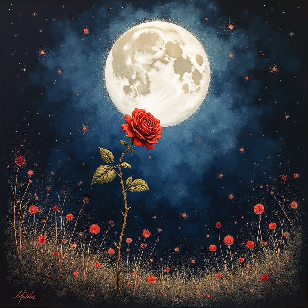 Surreal Rose Blooms Under a Brilliant White Moon in a Sparkl...