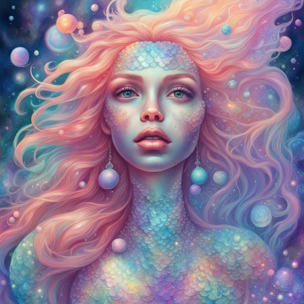 Holographic Pastel Mermaid in Cosmic Astral Illustration