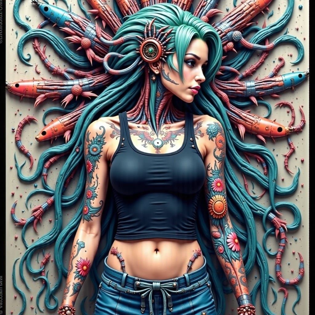 Cyborg Woman with Koi Tattoos and Biomechanical Augmentation