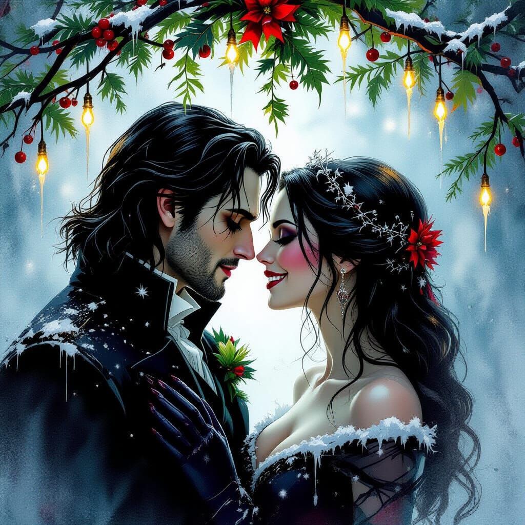 Gothic Vampire Couple Kissing Under Spectral Mistletoe