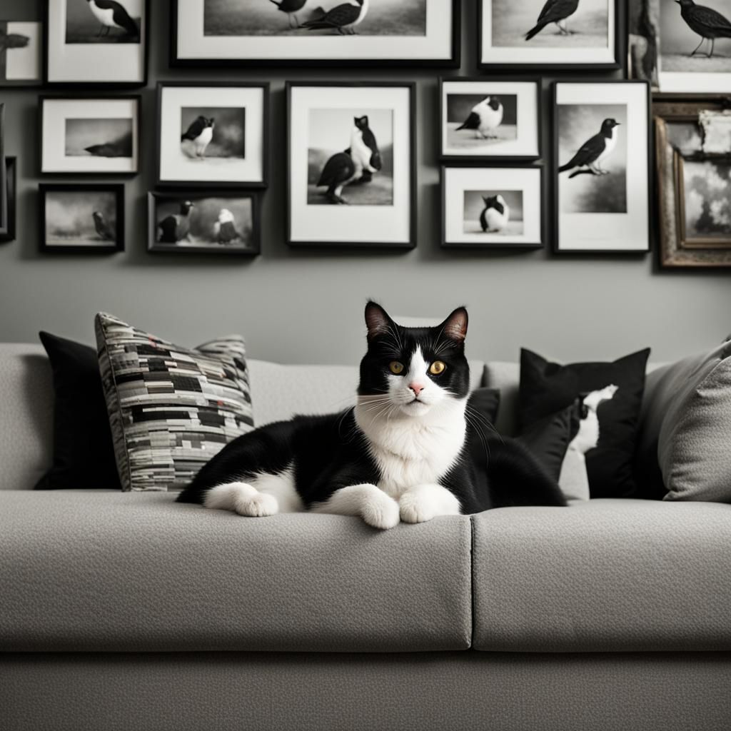 Black and White Cat Portrait with Bird Cushions