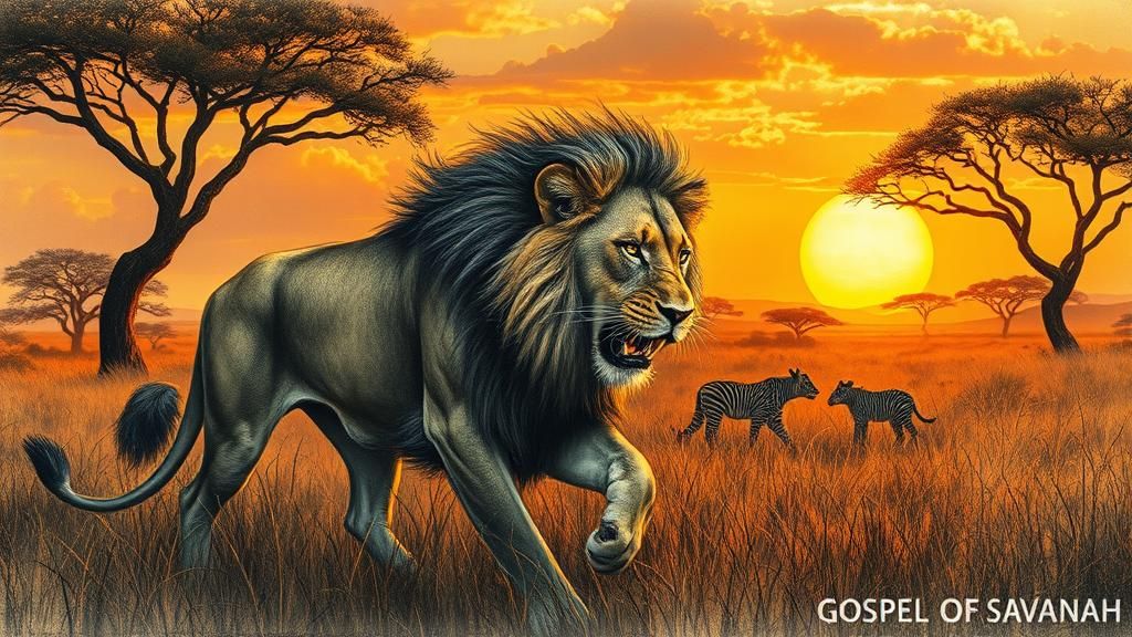 Lioness Hunt on Savannah as Charcoal Illustration