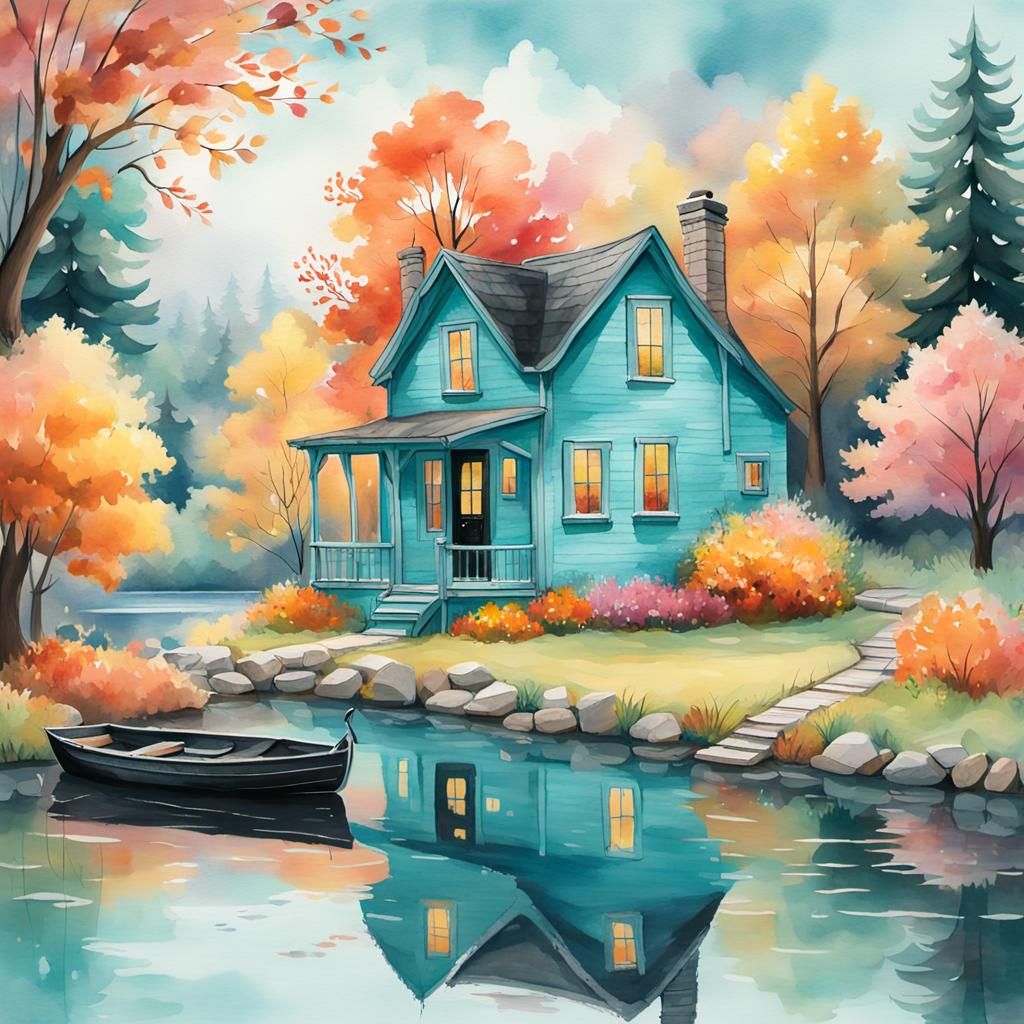 Turquoise House in Watercolor with Autumn Trees