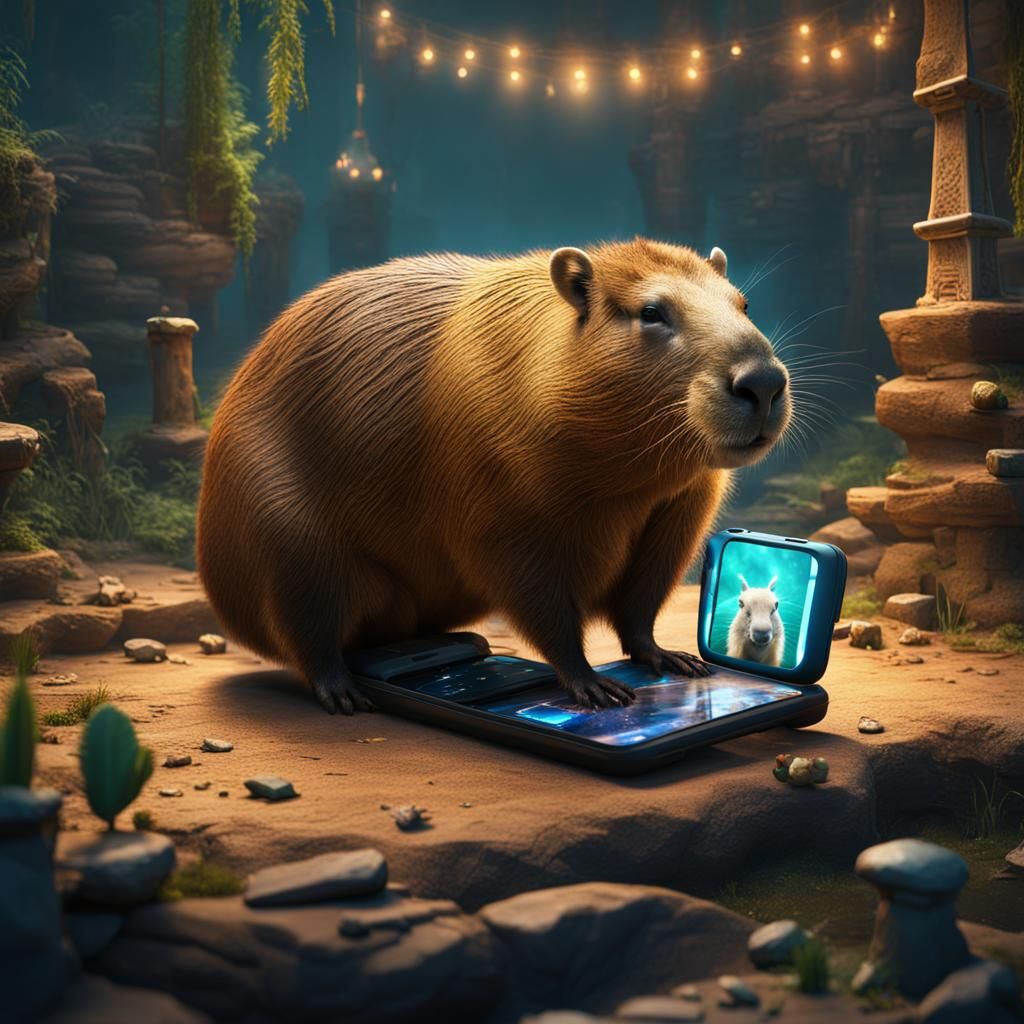 Capybara's Digital Distraction: A Detailed Matte Painting
