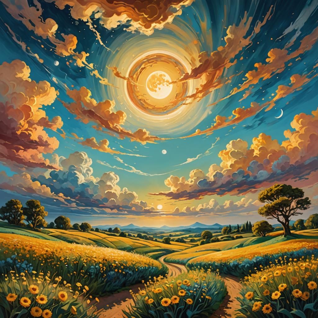Dreamy Surreal Landscape with Sun and Moon