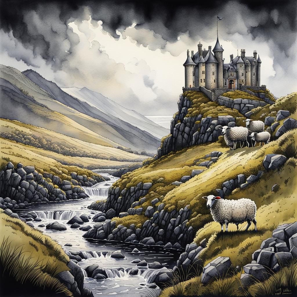 Scottish Highlands Cottage Scene in Watercolor