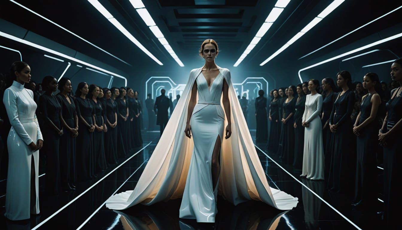 Glowing Bride on Futuristic Runway in Latex Wedding Gown wit...
