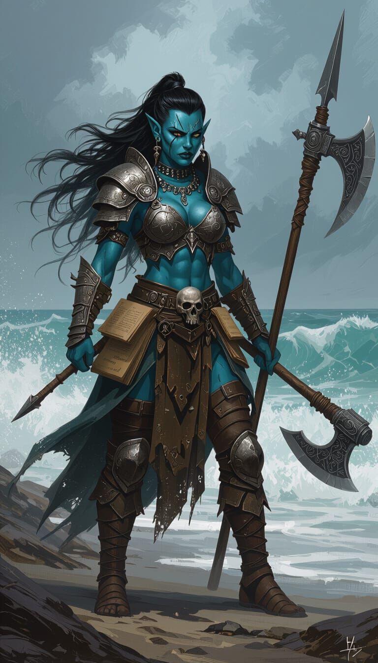 Cerulean Orc Warrior Woman with Bone Armor by Turbulent Ocea...