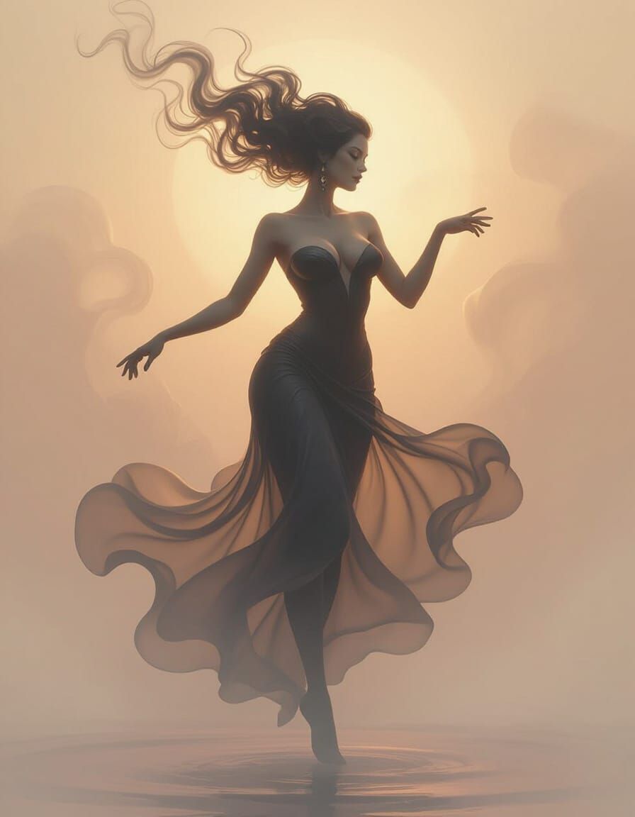 Ethereal Smoke Woman Dancing in Dreamscape: Digital Art