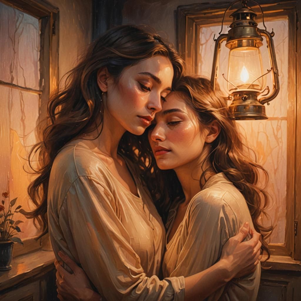 Romantic Embrace in Golden Light: Surrealist Illustration