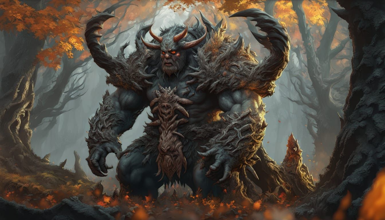 Surreal Fantasy God Emerge from Autumnal Depths in Intricate...