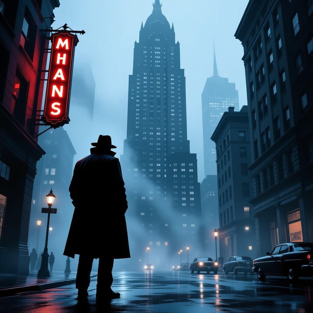 Lone Detective in Foggy Noir Cityscape