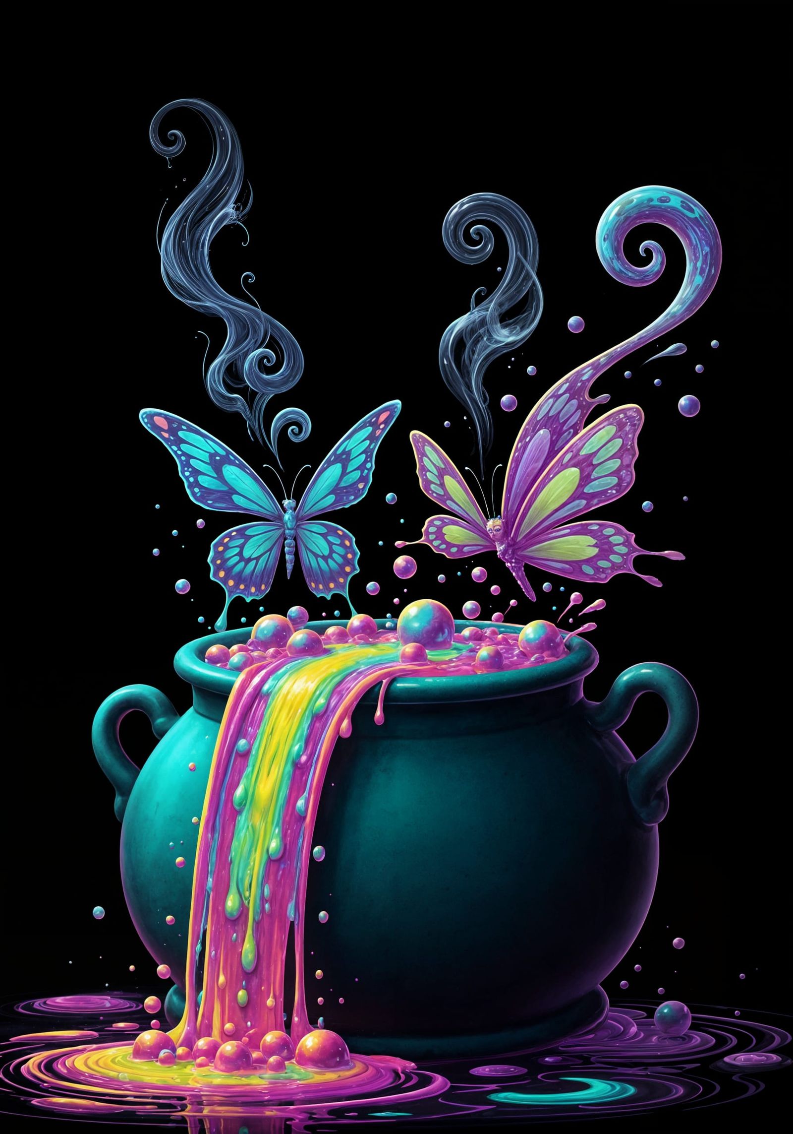 Neon Cauldron Transforms into Butterflies in Whimsical Fanta...