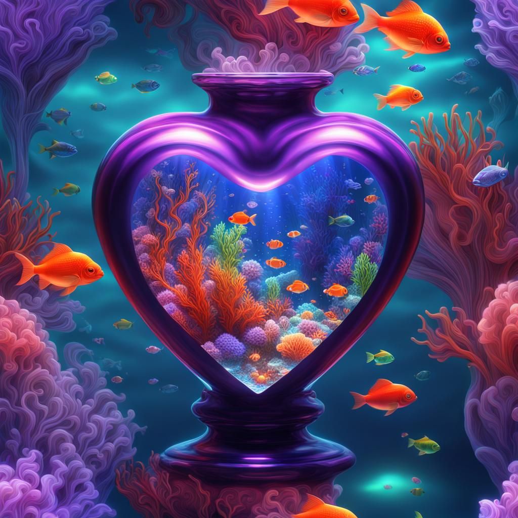 Crystal Heart Vase Underwater Scene in 8K
