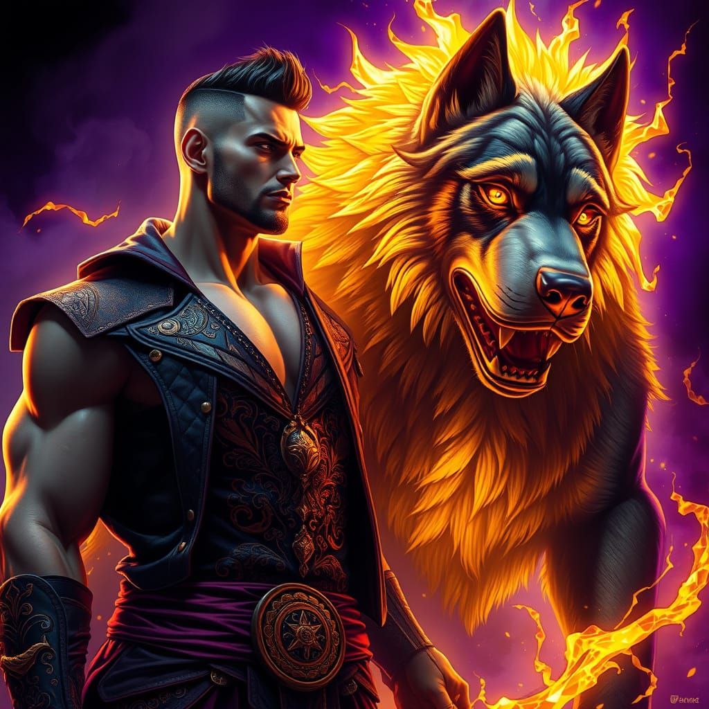 Confident Hero and Dominant Dog Unite in Epic Fantasy Art