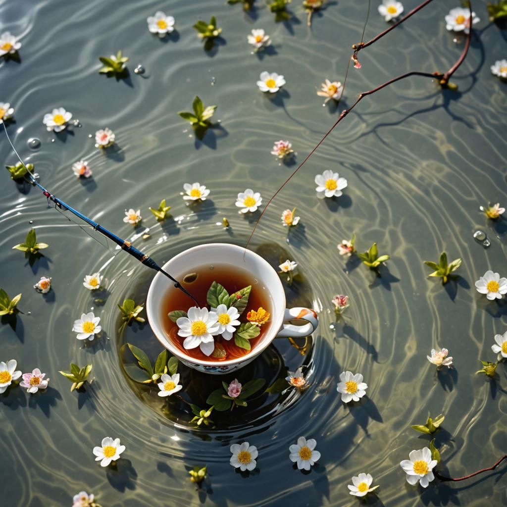 Surreal Macro Photograph of Fishing in a Teacup
