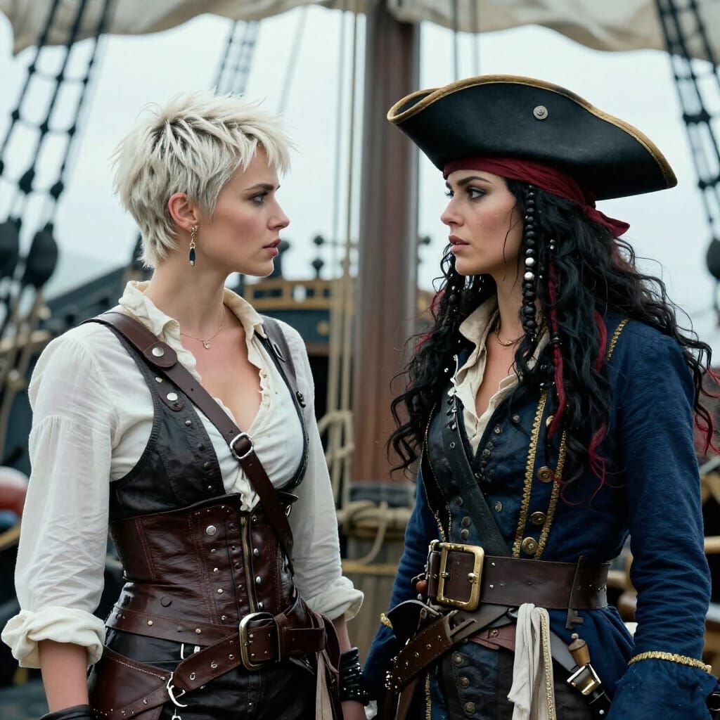Two Female Pirates Face Off on Ship Deck