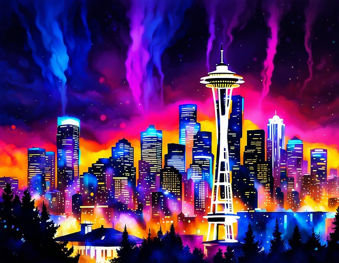 Seattle Skyline at Midnight in Mixed Media Style
