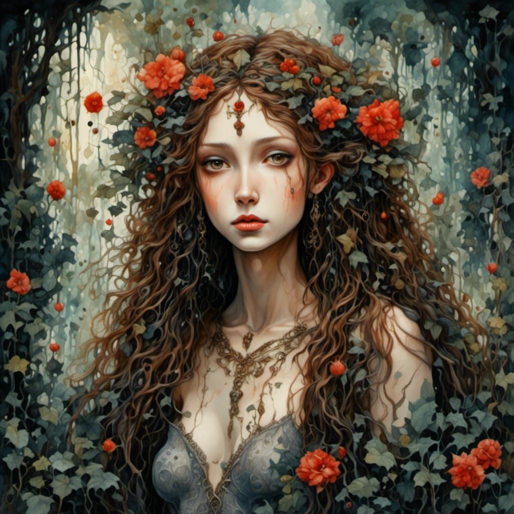 Gypsy Woman in Lush Garden: Watercolor and Oil