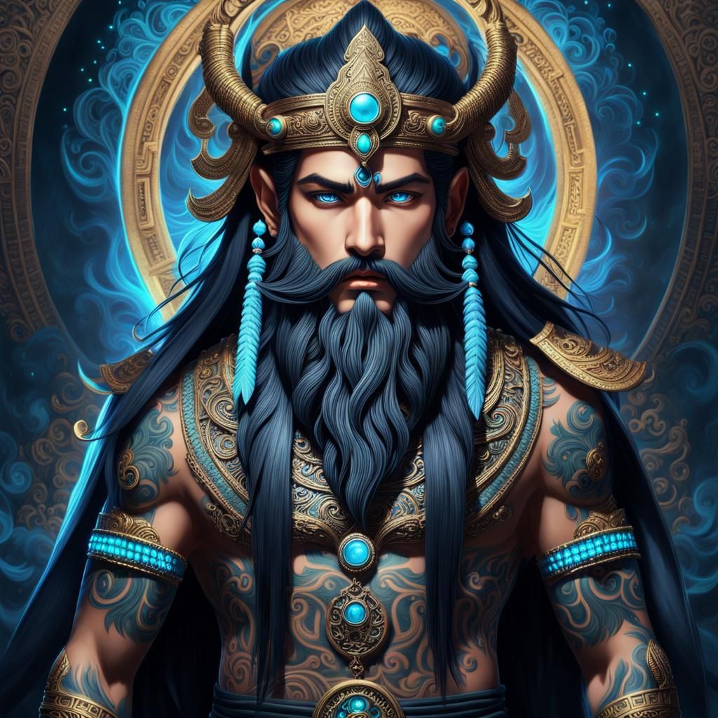 Sumerian Water God with Glowing Eyes in Anime Style