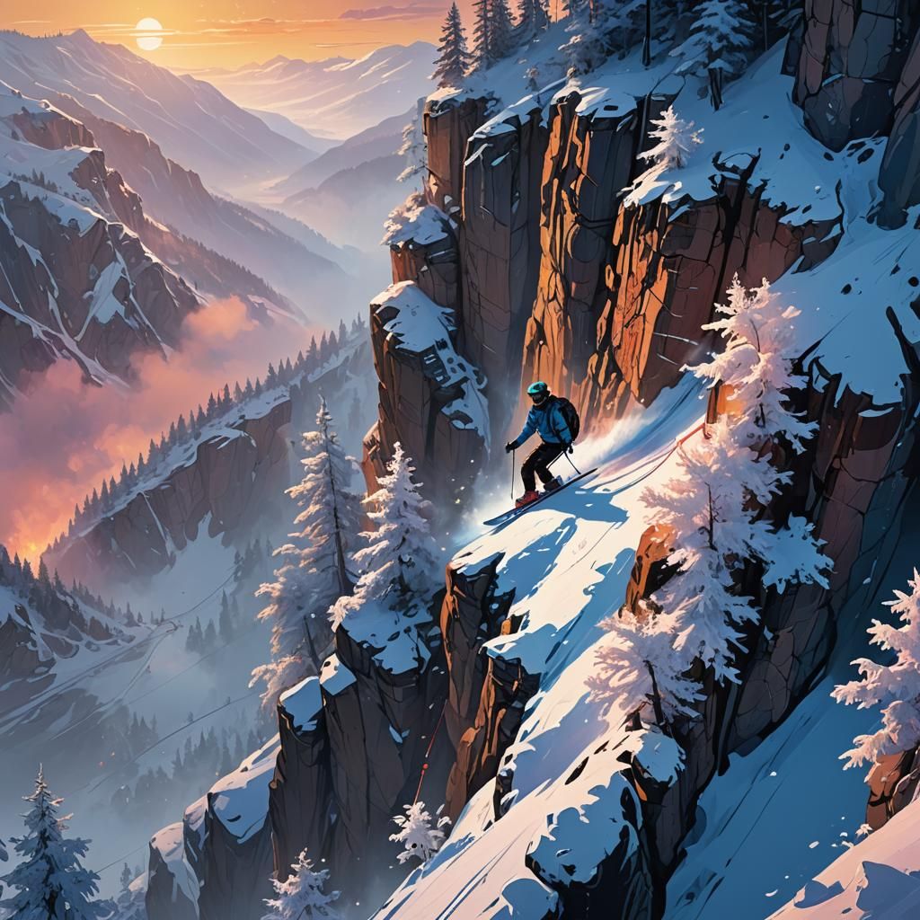 Skier Leaping from Cliff in Vibrant Digital Art